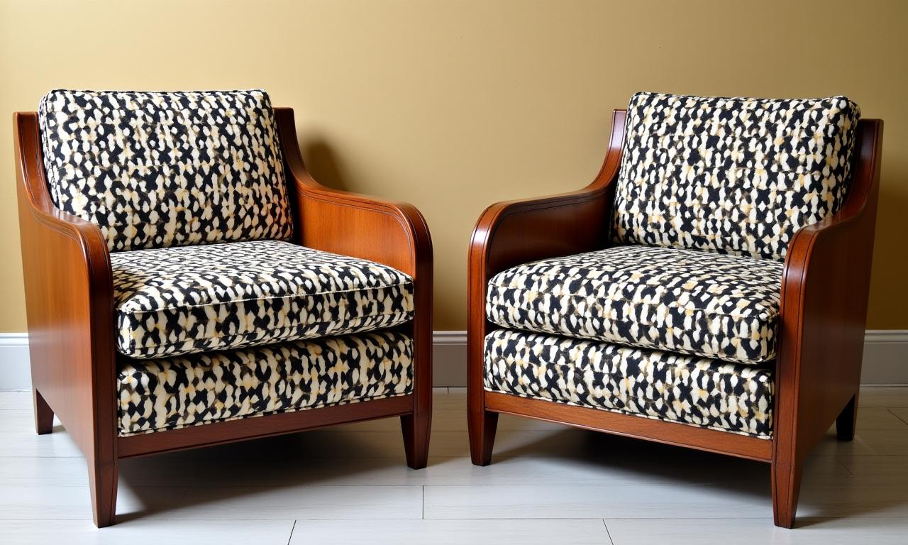 The restored Art Deco armchairs with a striking new geometric fabric.