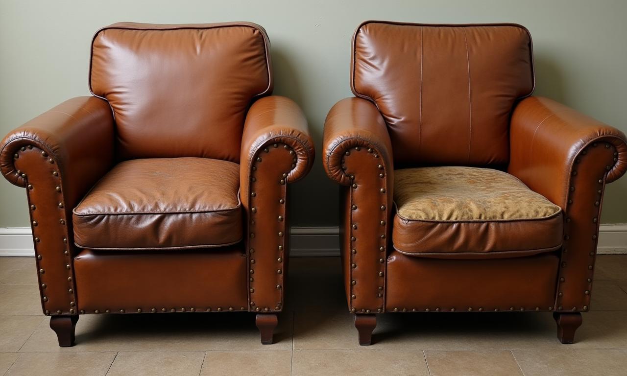 Two old Art Deco armchairs with torn leather.
