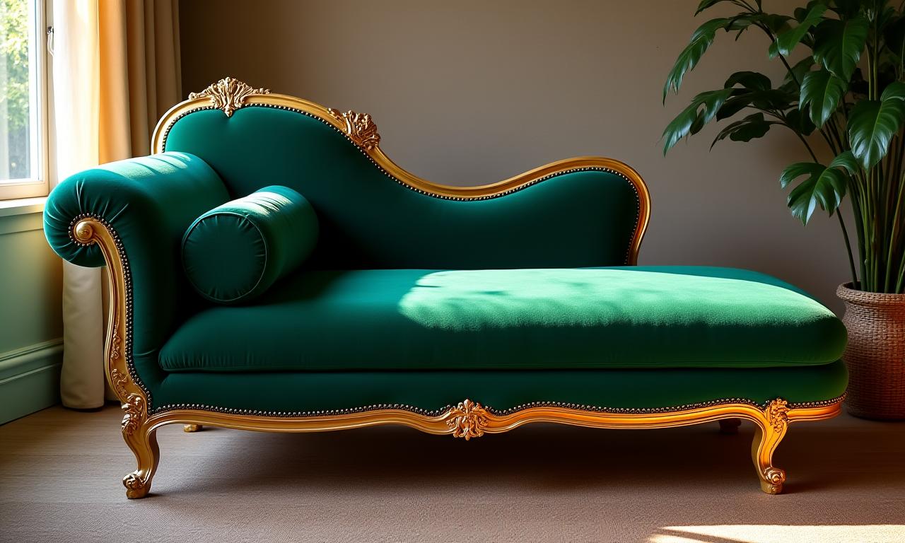 The same chaise lounge beautifully restored in a rich emerald green velvet.