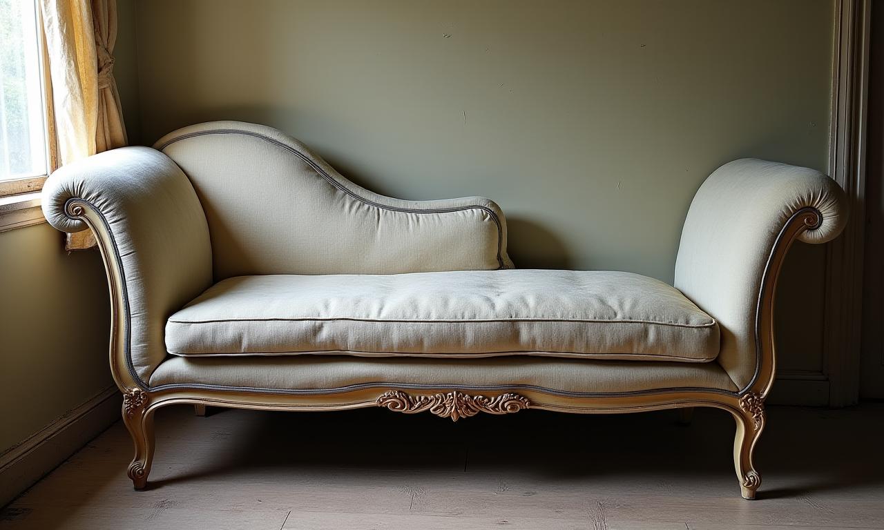 A tired, worn Victorian chaise lounge with faded fabric.