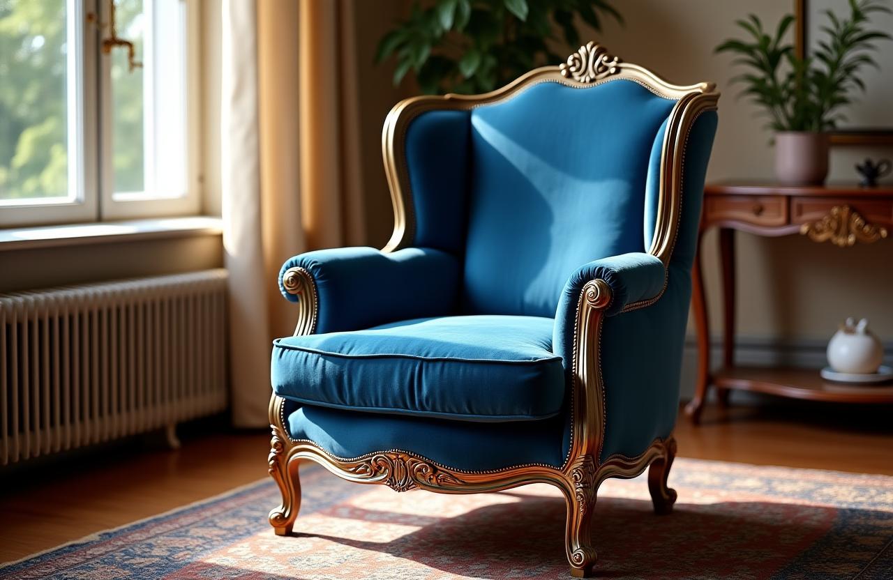 A beautifully restored antique armchair with rich blue velvet upholstery in a sunlit room.