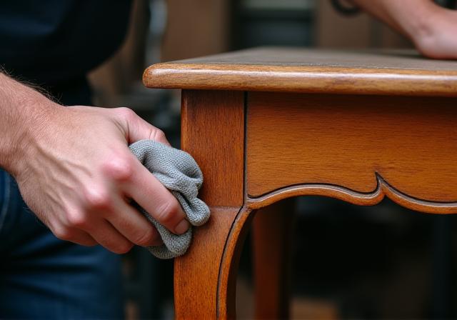 A delicate, hand-carved leg of an antique wooden table being polished.