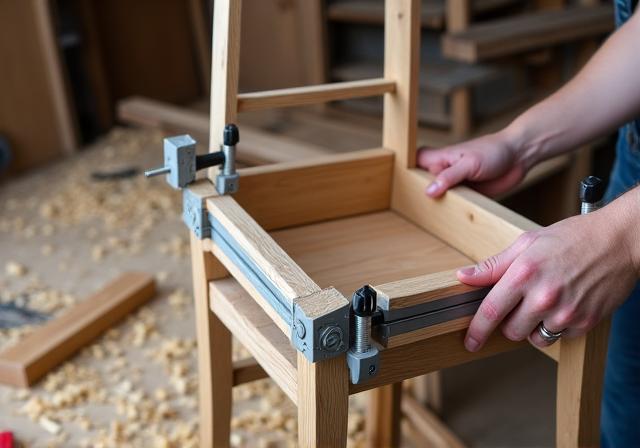 A wooden chair frame being clamped together during a repair in the workshop.