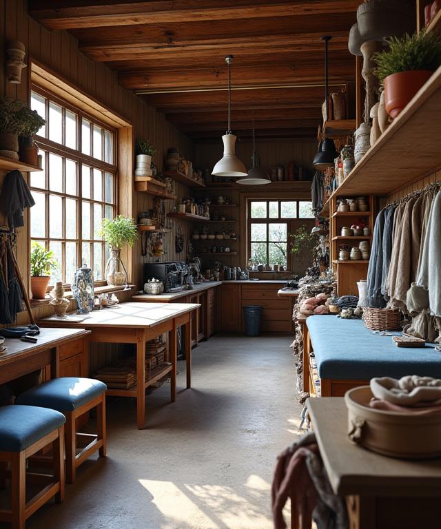 The interior of a traditional upholstery workshop, with tools and fabric rolls neatly organised.